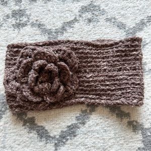 Brown Knit/Crochet Headband/Ear Warmer Flower Button Back One Size